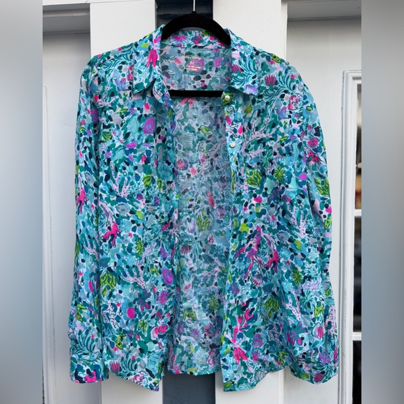 Lilly Pulitzer Sea View Linen Button Down Top In Multi Dive Bar, Size M - Picture 6 of 16